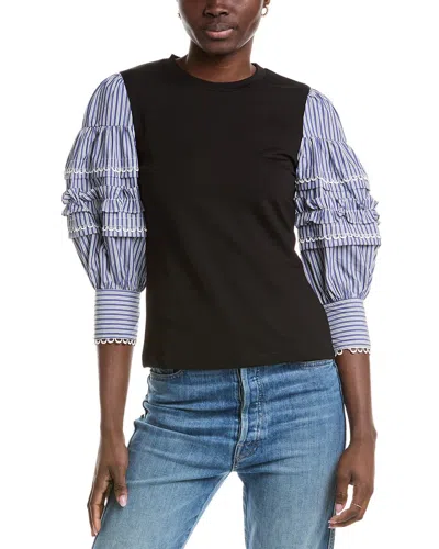 Gracia Contrast Puff Sleeve T-shirt In Black