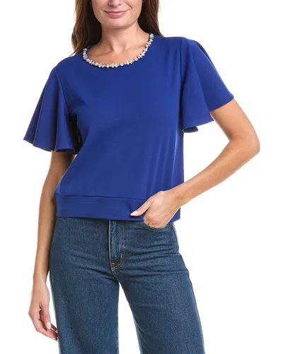 Gracia Crystal Embroidered Crewneck Top In Blue