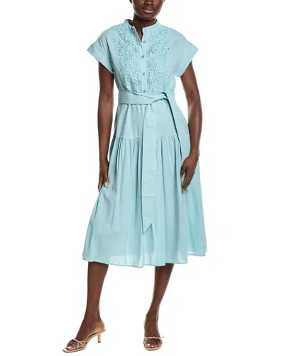 Gracia Embroidered Lace Bib Linen-blend Midi Dress In Blue