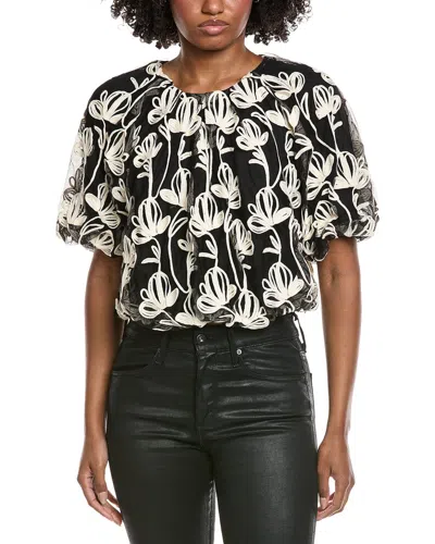 Gracia Embroidered Lace Puff Sleeve Blouse In Black