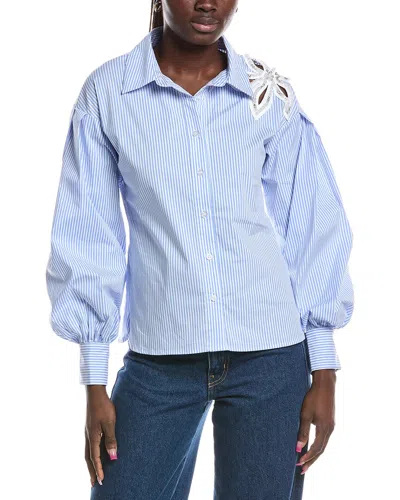 Gracia Embroidered Stripe Wrap Style Puff Sleeve Top In Blue