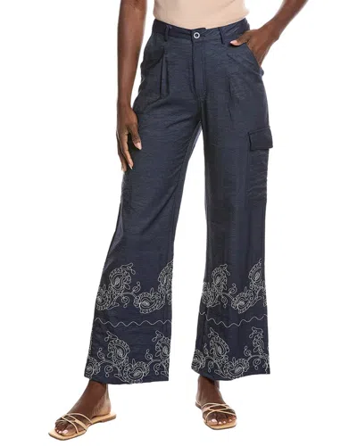 Gracia Embroidery Hem Wide Leg Cargo Pant In Blue