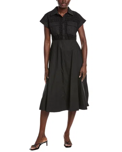 Gracia Eyelet Bodice Tie Waist Midi Dress In Black