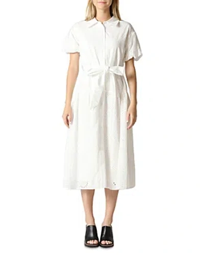 Gracia Eyelet Cotton Tie Waist Midi Dress In White