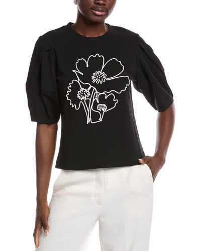 Gracia Floral Embroidered Crepe Top In Black