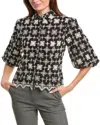 Gracia Floral Embroidered Puff Sleeve Top In Black