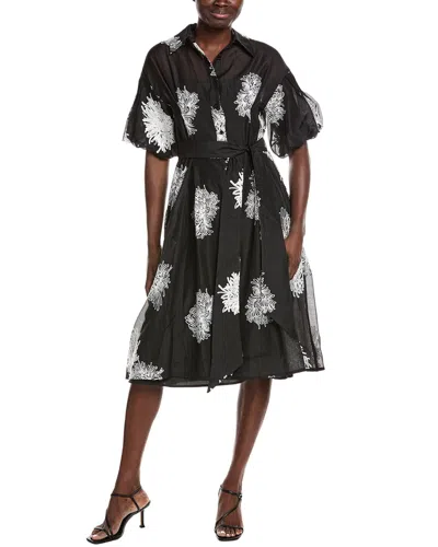 Gracia Floral Embroidered Puffed Sleeve Shirtdress In Black