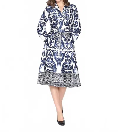 Gracia Floral Long Sleeve Lapel Collar Tie Belt Dress In Ivory In Multi