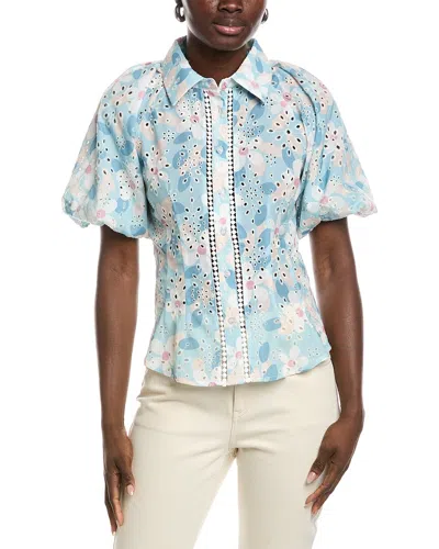 Gracia Floral Print Eyelet Puff Sleeve Button Down Shirt In Blue