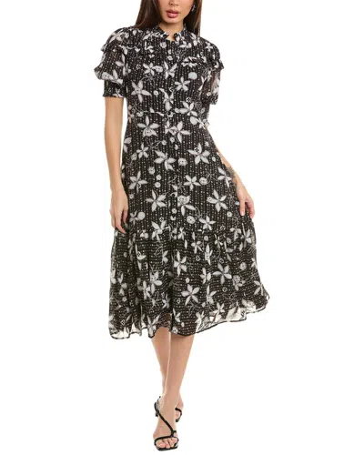Gracia Floral Print Flounce Midi Dress In Black
