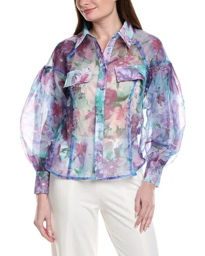 Gracia Floral Print Mesh Puffed Sleeve Shirt Top In Purple