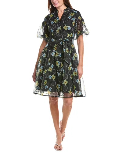 Gracia Floral Print Organza Puff Sleeve Shirtdress In Black