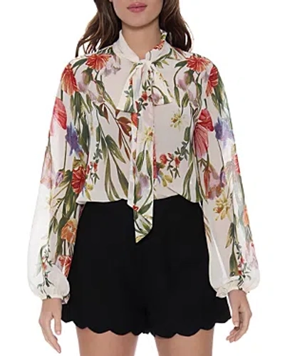 Gracia Floral Print Tie Neck Blouse In Beige