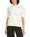 Gracia Floral Rib Neck Knit Top In White