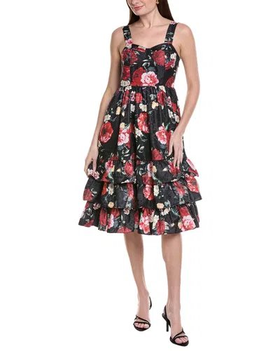 Gracia Floral Sweetheart Sleeveless Tiered A-line Dress In Black