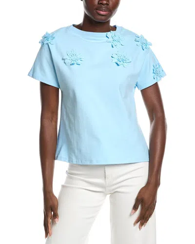 Gracia Flower Applique Solid Color T-shirt In Blue