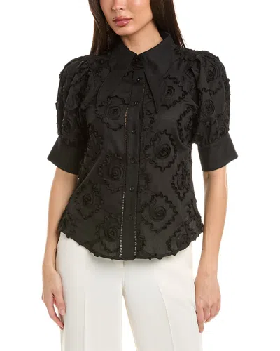 Gracia Flower Design Wing Collar Button-down Shirt In Black
