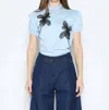 Gracia Flower Embroidered Button-down Round Neck Shirt In Light Blue In Blue