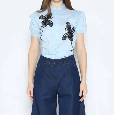 Gracia Flower Embroidered Button-down Round Neck Shirt In Light Blue