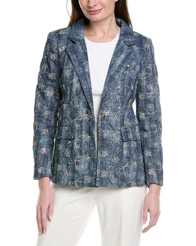 Gracia Flower Embroidered Denim Blazer In Blue