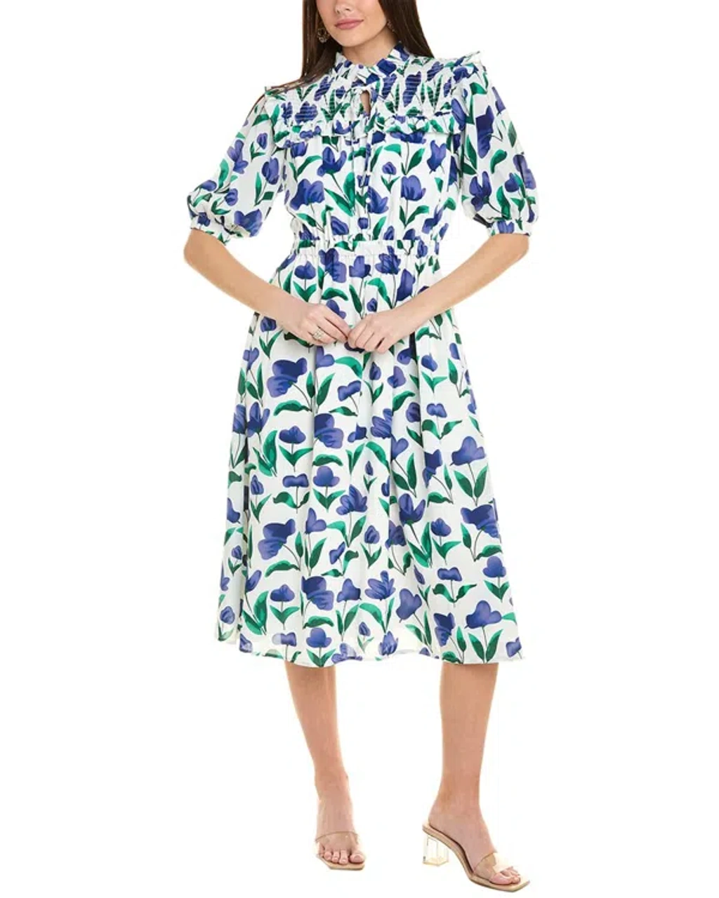 gracia midi dress Ruched Puff Sleeve & Waist A Line Midi Dress TAUPE / L