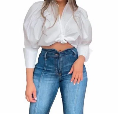 Gracia Fluffy Sleeves Top In White In Multi