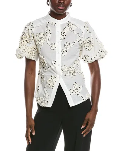 Gracia Front Body Floral Fabric Work Collar Top In White