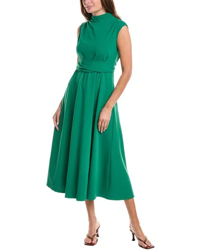Gracia Front Tie Belt Mock Neck Midi Dress In Green