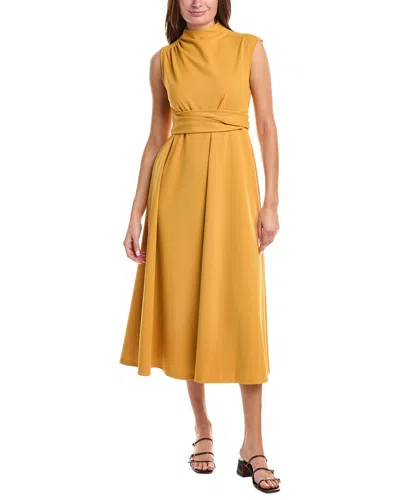 Gracia Front Tie Belt Mock Neck Midi Dress In Yellow