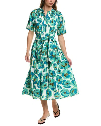Gracia Gathered Neck Floral Print Belt Dress In Gray