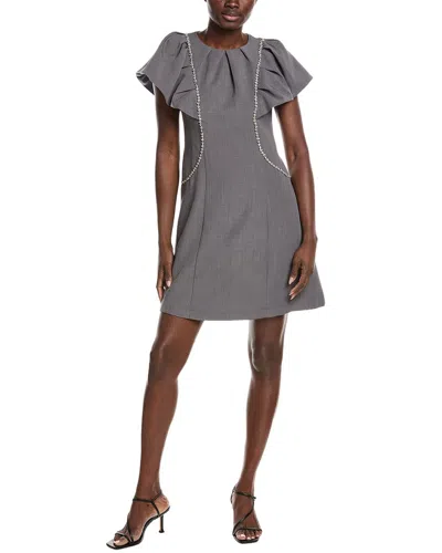 Gracia Gathered Neck Stone Work Ruffle Sleeve Sheath Dress In Gray
