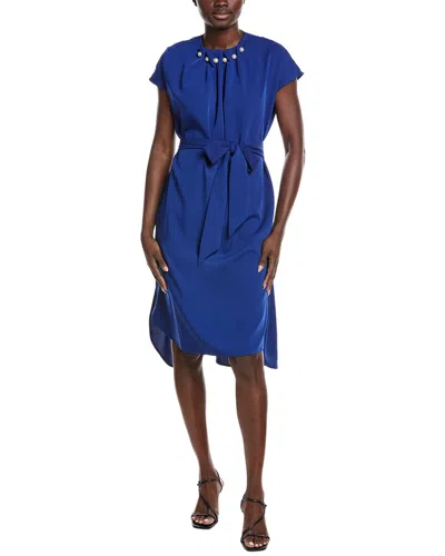 Gracia Gathered Pearl Neck Midi Dress In Blue