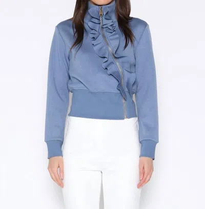 Gracia High Neck Scuba Asymetrical Ruffled Zip Jacket In Blue