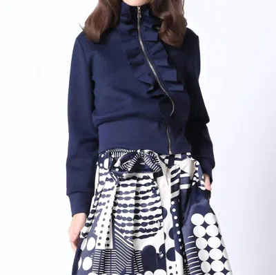 Gracia Highneck Scuba Assymetrical Ruffled Zip Jacket In Navy In Blue