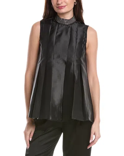 Gracia Jeweled High Neck Pleated Sleeveless Top In Black