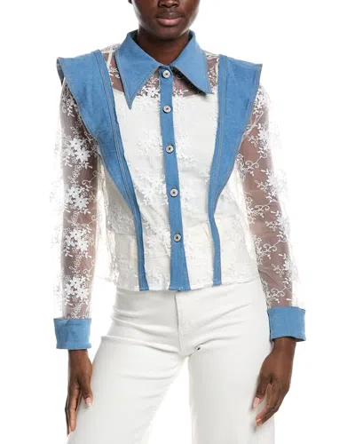 Gracia Lace & Denim Button-up Shirt In Blue