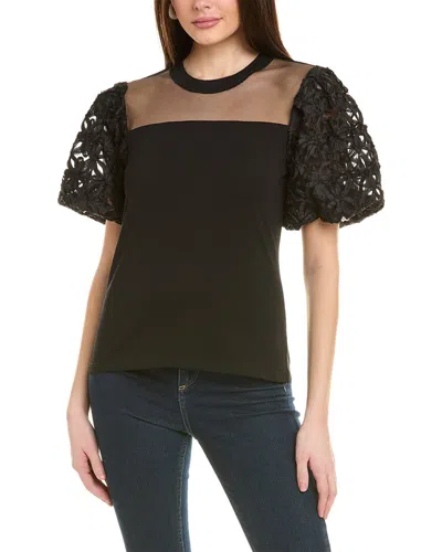 Gracia Lace Embroidered Puff Sleeve Top In Black