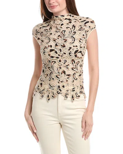 Gracia Lace Overlayed Cap Sleeve Mock Neck Top In Neutral