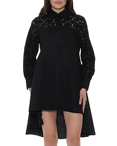Gracia Lace Trim Button Front High Low Shirt In Black