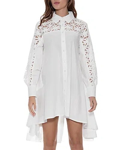 Gracia Lace Trim Button Front High Low Shirt In White
