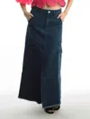 Gracia Long Denim Skirt In Dark Wash In Blue