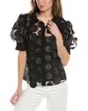 Gracia Statement Collar Puff Sleeve Button-down Top In Black