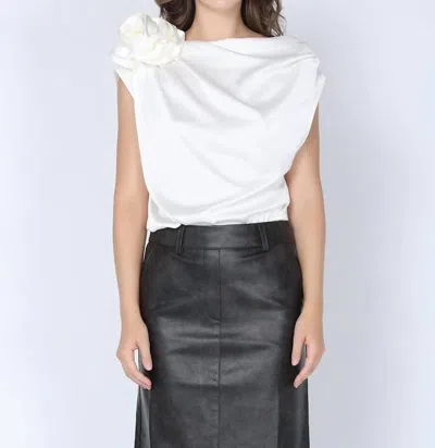 Gracia One Shoulder Flower Applique Sleeveless Satin Top In White