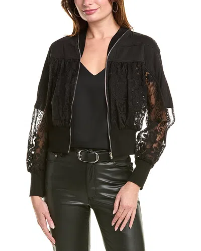 Gracia Patchwork Lace Embroidered Zip-up Jacket In Black