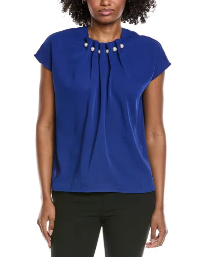 Gracia Pearl Embellished Neck Top In Blue
