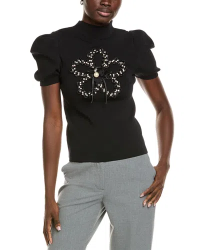 Gracia Pearl Flower Applique T-shirt In Black