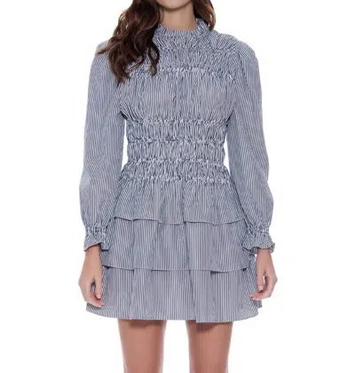 Gracia Pinstriped Ruffle Hem Flounce Sleeve Smocked Dress In Grey