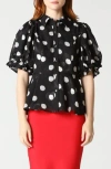 Gracia Polka Dot Puff Sleeve Button-down Top In Black