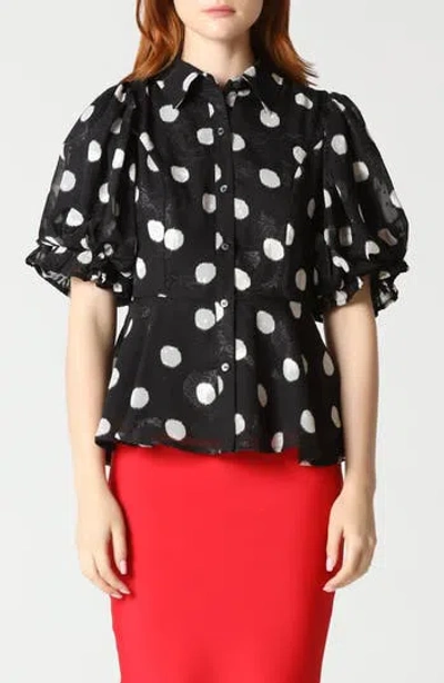 Gracia Polka Dot Puff Sleeve Button-down Top In Black