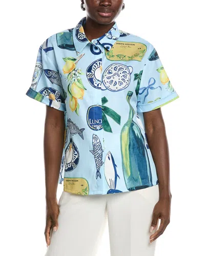 Gracia Printed Button Down Top In Blue